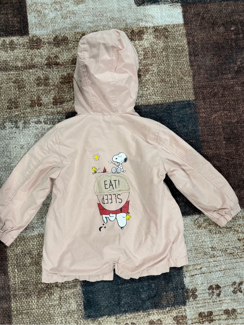 Zara Light Cream Hooded Puffer Jacket with Snoopy Back Graphic
